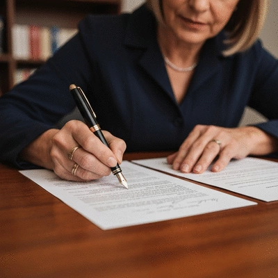 Close up of hands signing legal documents on a wooden desk