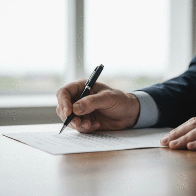 Close up of a professional hand signing legal documents