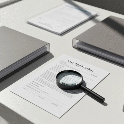 A professional desk with organized visa application documents and a magnifying glass