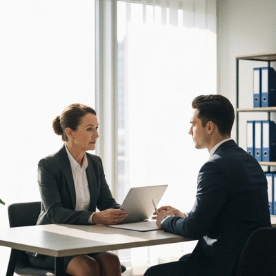 Professional consultation between an advisor and a worker in a clean office setting