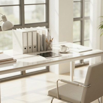 Person organizing file folders and digital tablet on a clean workspace