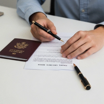 Close up of hands reviewing immigration paperwork and a passport on a clean desk