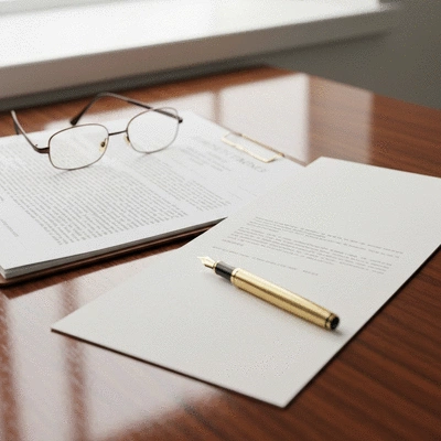 Professional legal documents and a fountain pen on a wooden desk