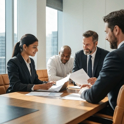 Modern office meeting room with professionals discussing legal documents