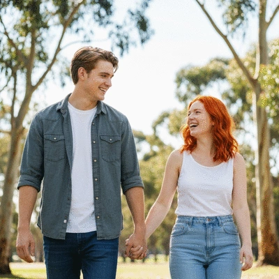 Happy couple walking together in a sunny park in Australia