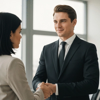 Lawyer and client shaking hands in a bright office