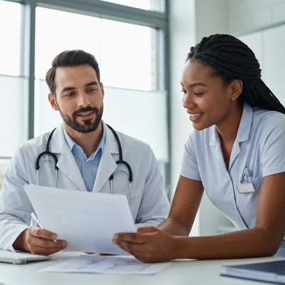 Professional doctor discussing medical reports with a worker