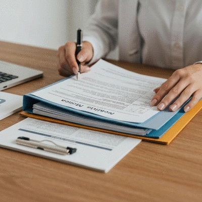 Person organizing medical bills and insurance documents on a clean desk