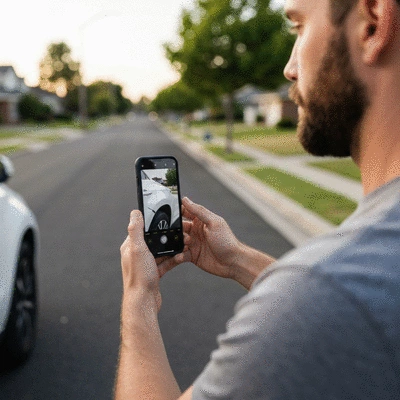 Person taking photos of car damage after an accident