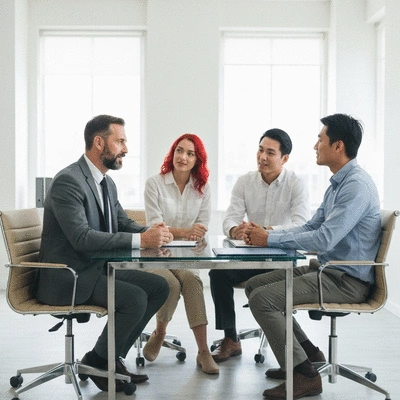 A professional immigration lawyer consulting with a client in a bright office