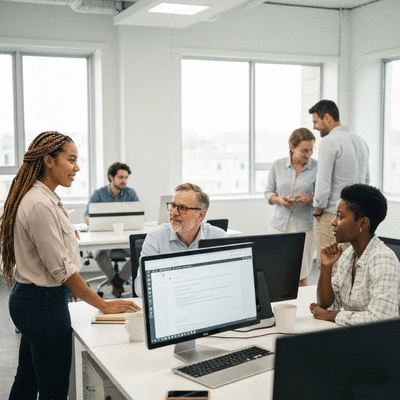 Professional office setting with diverse employees interacting respectfully